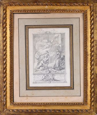 a framed drawing of a man and a woman in a landscape