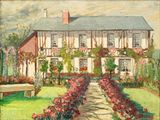 tableau représentant une maison avec un jardin et un banc devant
