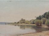 peinture représentant une vue sur un plan d'eau avec des arbres en arrière-plan