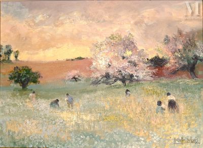 a painting of people in a field with trees in the background
