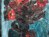 painting of red flowers in a black vase on a blue background
