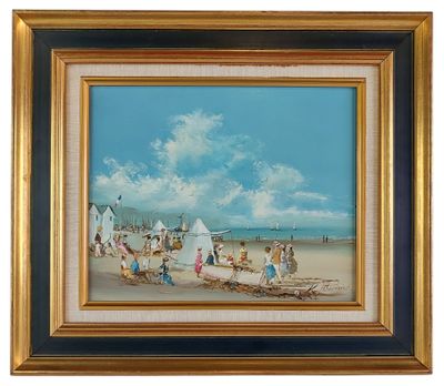 tableau représentant une scène de plage avec des personnes sur le sable et un bateau dans l'eau
