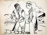 drawing of a man talking to another man on a bench