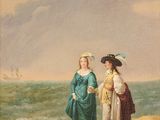 tableau représentant deux femmes sur une plage avec un chien et un chat