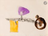 dessin représentant un chat assis sur une table, à côté d'un parapluie violet