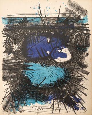 un dessin représentant une peinture abstraite bleue et noire sur une feuille blanche