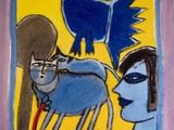 a picture of a painting of a woman with a bird on her shoulder