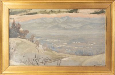 une peinture à l'huile représentant un paysage de montagne avec une maison au loin