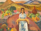 une peinture à l'huile représentant une femme debout devant une table couverte de fruits