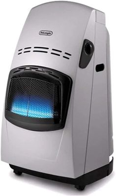 a close up of a white and blue heater on a white background