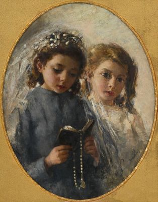 tableau représentant deux jeunes filles en train de lire un livre, dans un cadre ovale