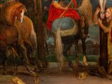 a painting of a man on a horse being led by a woman