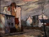 une image représentant un tableau où l'on voit une rue avec des bâtiments et une personne qui marche dans la rue