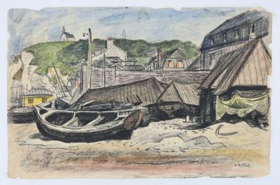 un dessin représentant un bateau sur la plage, à côté d'un bâtiment