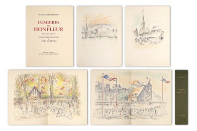 quatre livres sur lesquels figurent des dessins de bâtiments et un drapeau