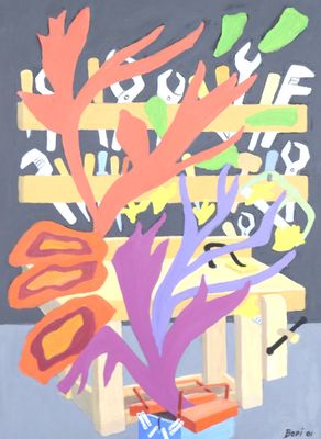 a painting of a vase of flowers on a table