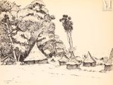 dessin représentant un village avec un toit de chaume et des arbres au premier plan