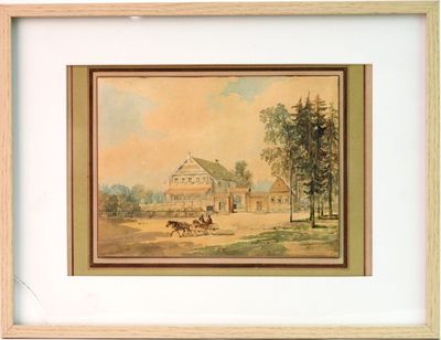 tableau représentant une scène de vie à la campagne, avec une calèche tirée par un cheval au premier plan