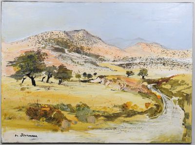 un tableau représentant des vaches paissant dans un champ, avec une montagne en arrière-plan