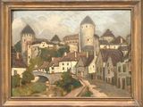 une peinture à l'huile représentant une ville avec un pont enjambant une rivière