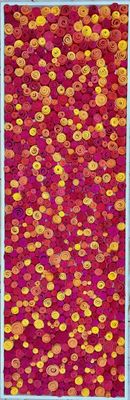 an image of a red and yellow rug with circles on it