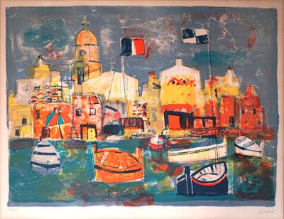 une peinture de bateaux dans un port avec des bâtiments à l'arrière-plan