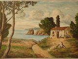painting of a painting of a house on a hill overlooking a body of water