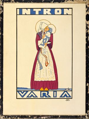une vieille affiche représentant une femme en robe tenant une épée