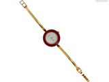 an image of a red and gold wrist watch with a white face