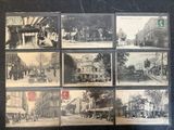 several old black and white photos of a city street and buildings