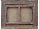 an old wooden window with two panes of glass on a white background