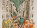 painting of a crowded street with people walking down the street