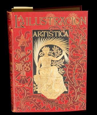 un vieux livre rouge aux lettres dorées, sur la couverture duquel figure une femme en robe