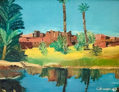 une peinture à l'huile représentant un paysage désertique avec des palmiers et un plan d'eau