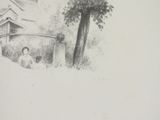 a drawing of a man and a woman in front of a house