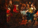 painting of a group of people sitting around a table in a dark room