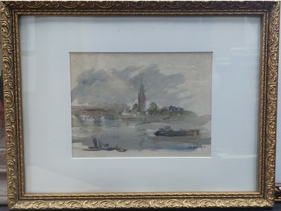 framed picture of a painting of a river scene with a church in the background