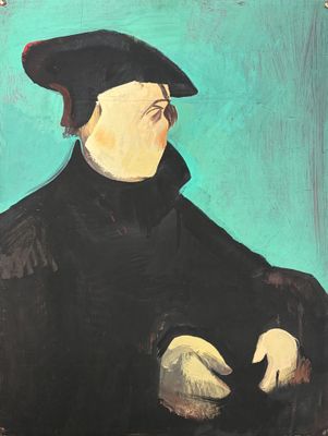 painting of a man in a black coat and hat with his arms crossed