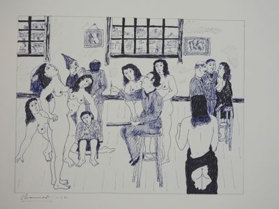 a drawing of a group of people sitting at a table
