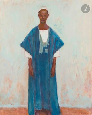 an oil painting of a woman in a blue dress standing in front of a wall