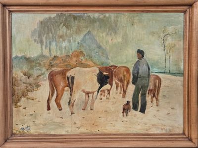 a painting of a man leading a herd of cows