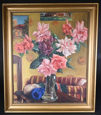 VIDAL (XXe siècle). Bouquet de roses dans un vase.