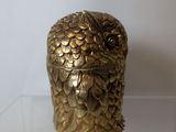 a gold owl figurine sitting on a clear shelf