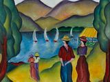 an oil painting of people walking on a path near a body of water