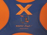 an orange and blue sports bra top with an x on it