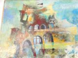 a painting of a building with a bird on top of it