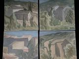 quatre tableaux représentant un paysage de montagne avec une maison au loin