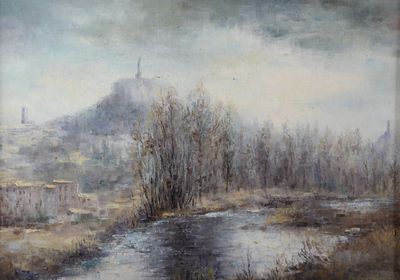 a painting of a river with a castle in the background