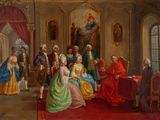 painting of a group of people sitting around a table in a room