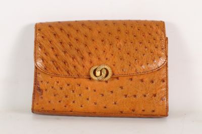 brown ostrich leather wallet with gold clasp